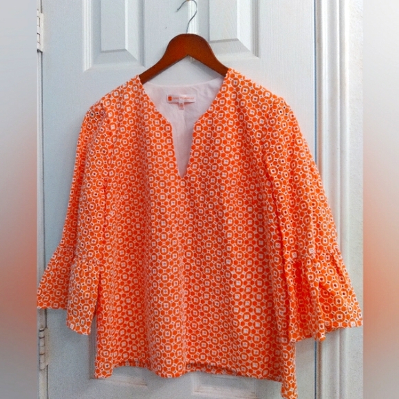 Coral Geometric Pattern Blouse Bell Sleeve Elegant Summer Top with